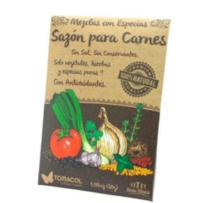 ¿Quieres darle un sabor irresistible a tus comidas? Prueba nuestra mezcla de sazón para carnes TomaCol®. Con ingredientes cuidadosamente seleccionados, como cebolla escamas, ajo polvo, comino y más, ¡harás que tus platos sepan como los de un chef profesional!