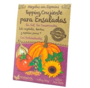 ¿Quieres darle un toque de sabor y textura a tus ensaladas? Prueba nuestro Topping Crujiente para Ensaladas 30gr TomaCol®. Con una mezcla de semillas y especias cuidadosamente seleccionadas, esta deliciosa mezcla aportará un sabor y textura inigualable a tus ensaladas. ¡Agrega una cucharada en el momento de servir y sorprende a tus comensales con un crunch espectacular!