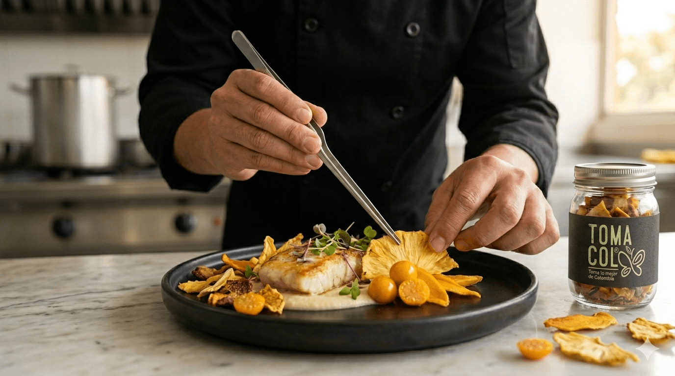 Chef decorando plato con frutas deshidratadas